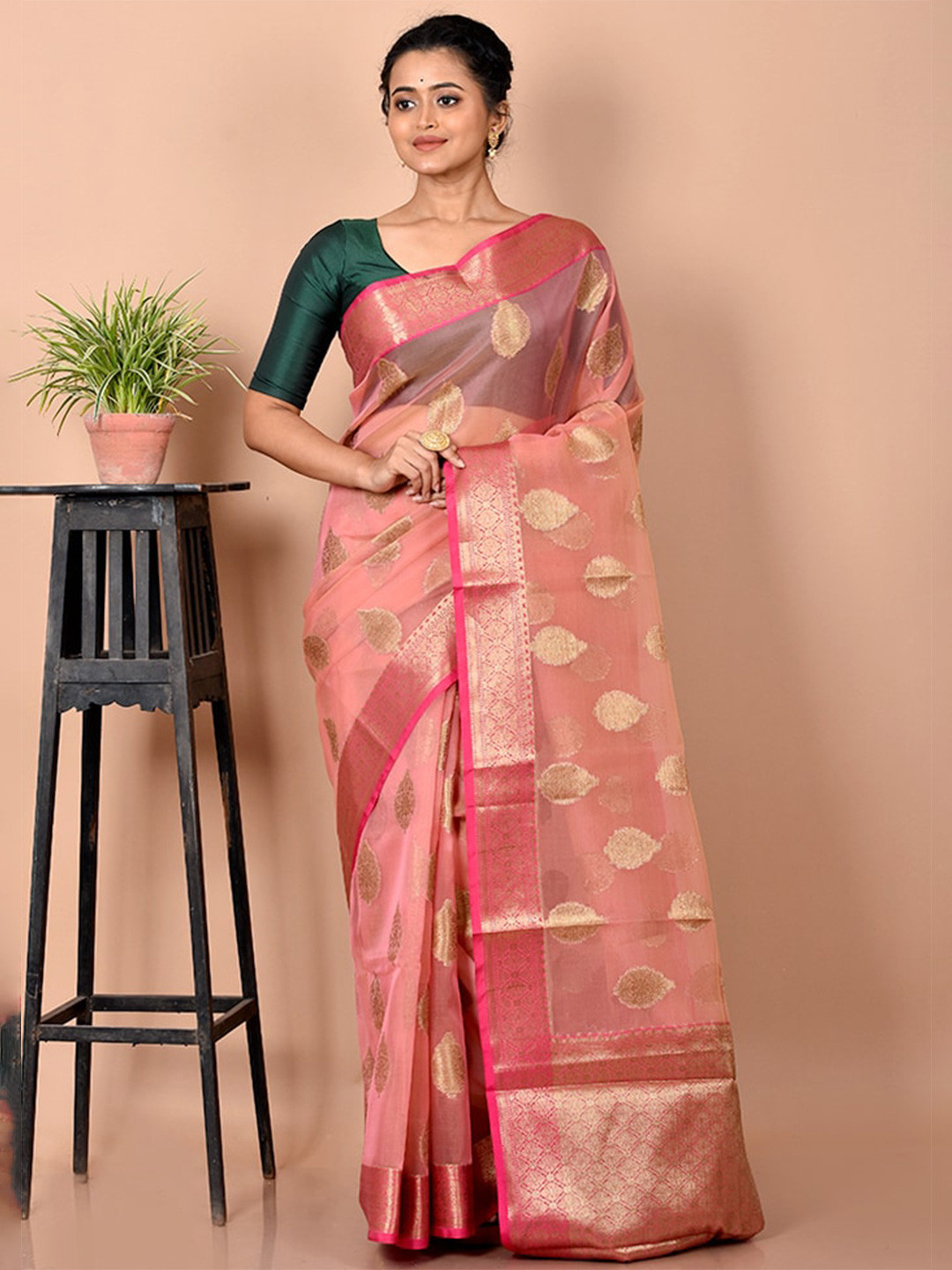 

AllSilks Pink & Gold-Toned Woven Design Zari Silk Cotton Saree
