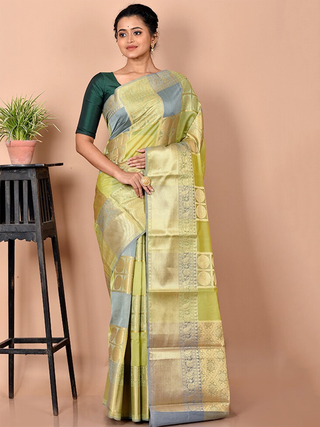 

AllSilks Green & Gold-Toned Ethnic Motif Zari Silk Cotton Saree