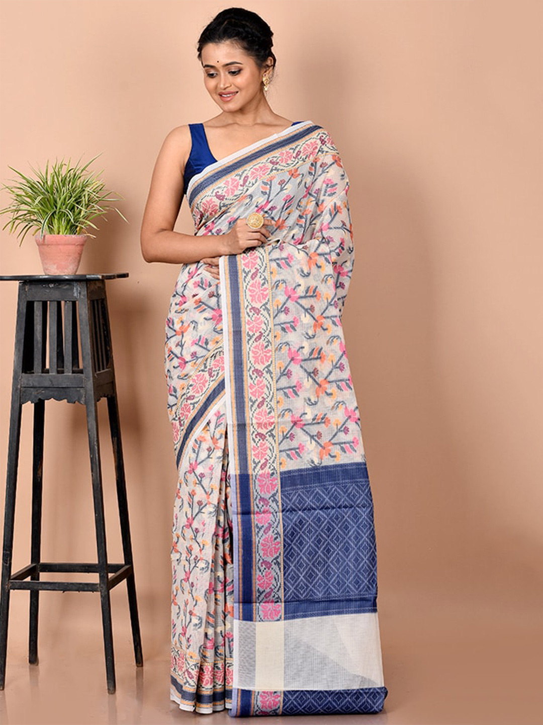 

AllSilks Off White & Navy Blue Floral Zari Silk Cotton Saree