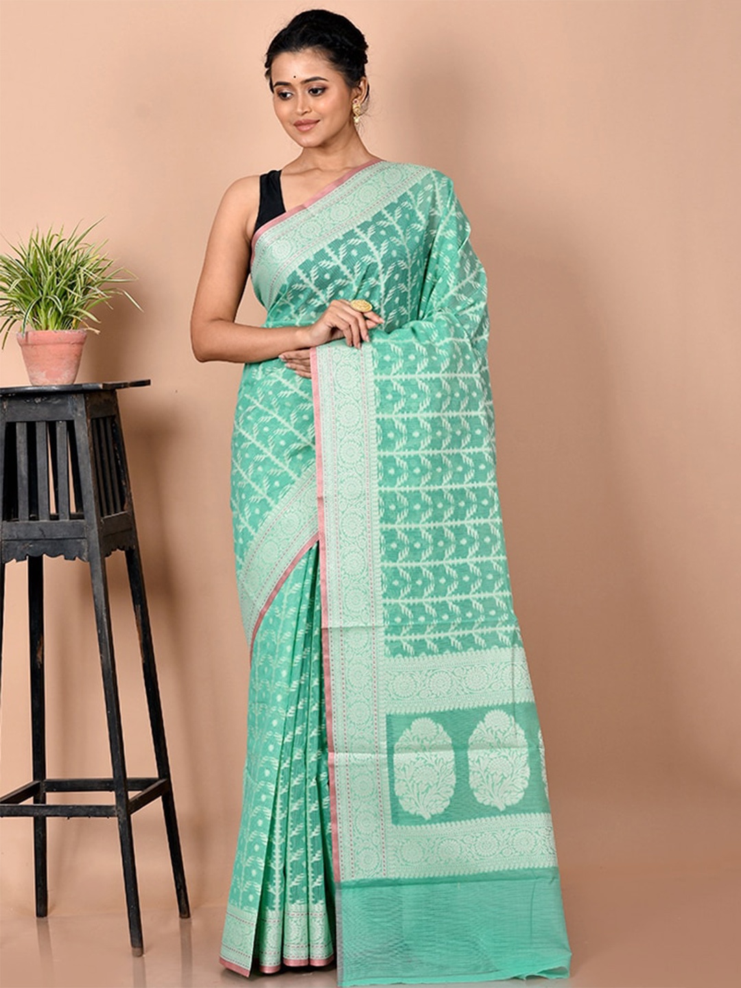 

AllSilks Sea Green & Silver-Toned Ethnic Motif Zari Silk Cotton Saree