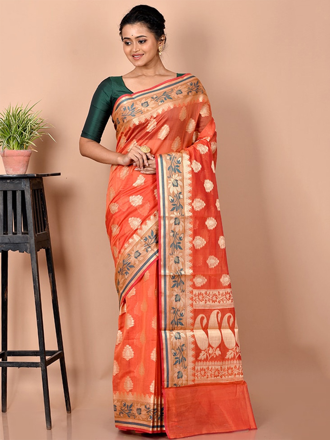 

AllSilks Orange & Gold-Toned Ethnic Motif Zari Silk Cotton Saree