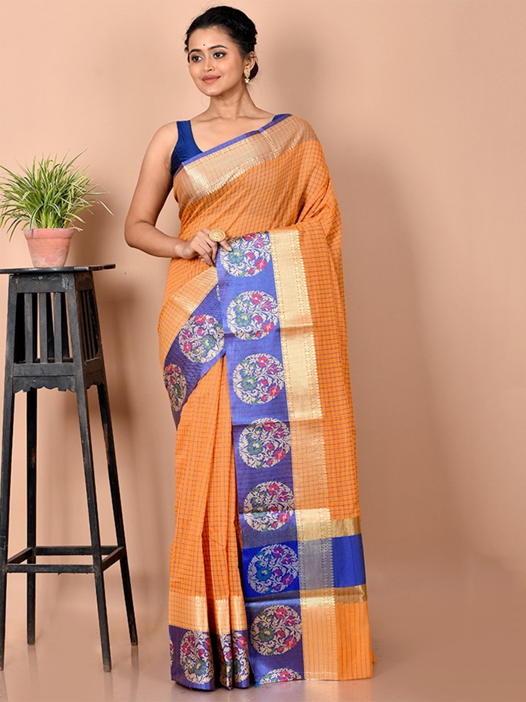 

AllSilks Orange & Navy Blue Checked Zari Silk Cotton Saree