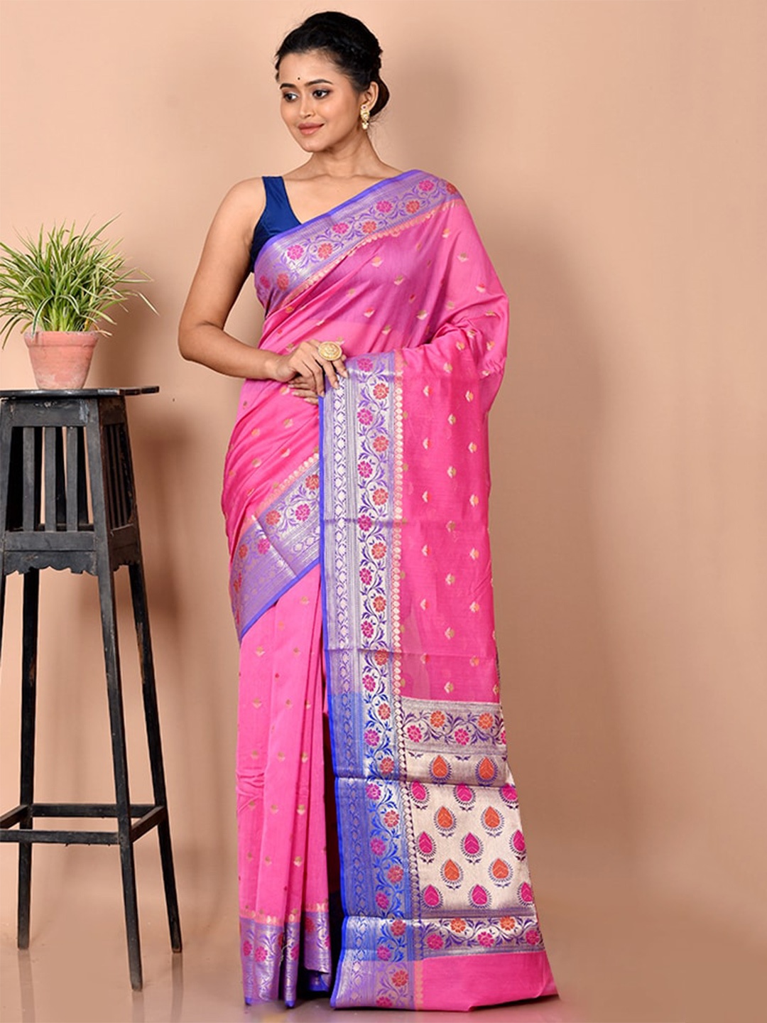 

AllSilks Pink & Blue Floral Woven Design Zari Silk Cotton Saree