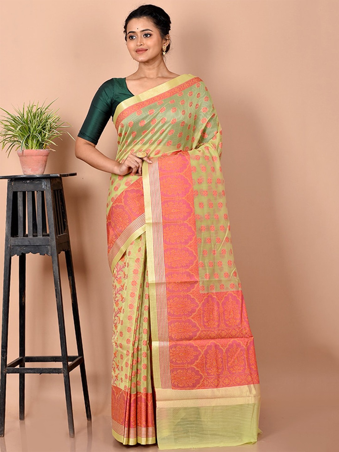 

AllSilks Green & Pink Ethnic Motif Woven Design Zari Silk Cotton Saree