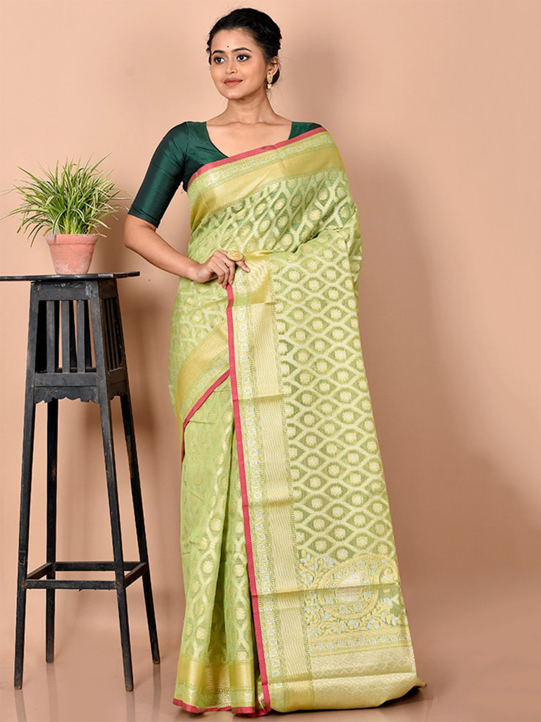 

AllSilks Green & Gold-Toned Ethnic Motif Zari Silk Cotton Saree