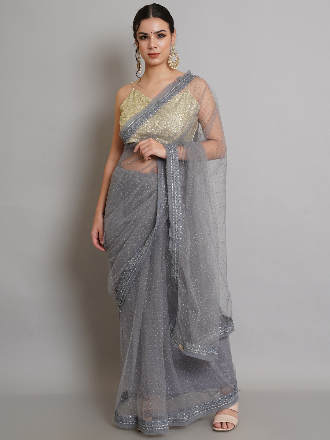 

Risirioutfit Grey Ethnic Motifs Sequinned Net Saree