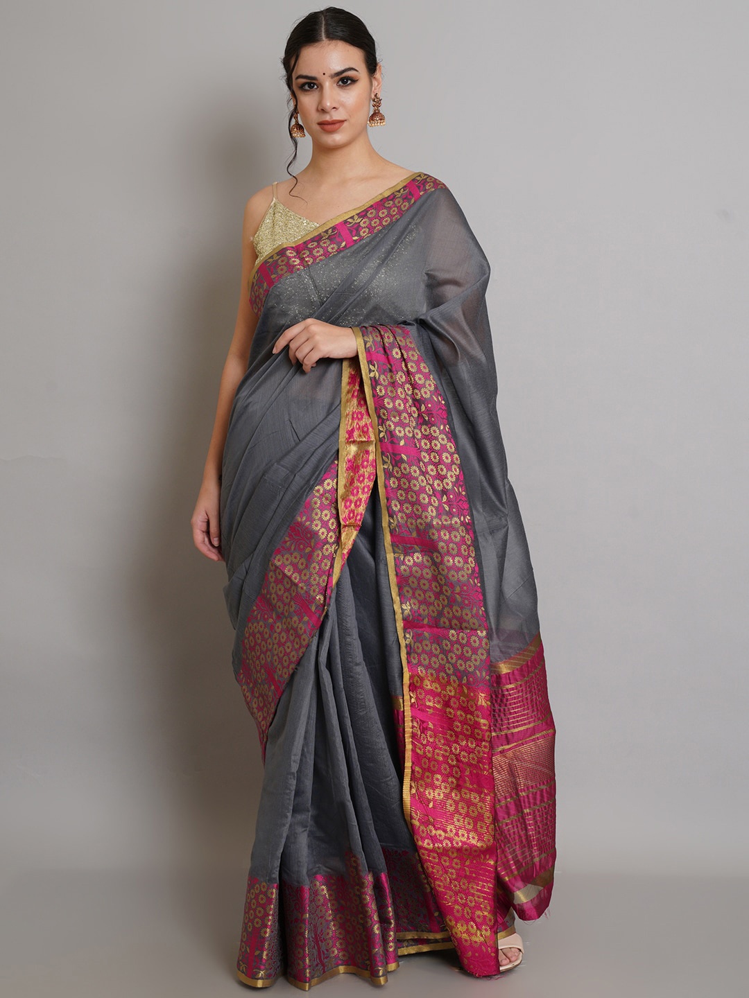 

Risirioutfit Grey & Pink Zari Silk Cotton Banarasi Saree