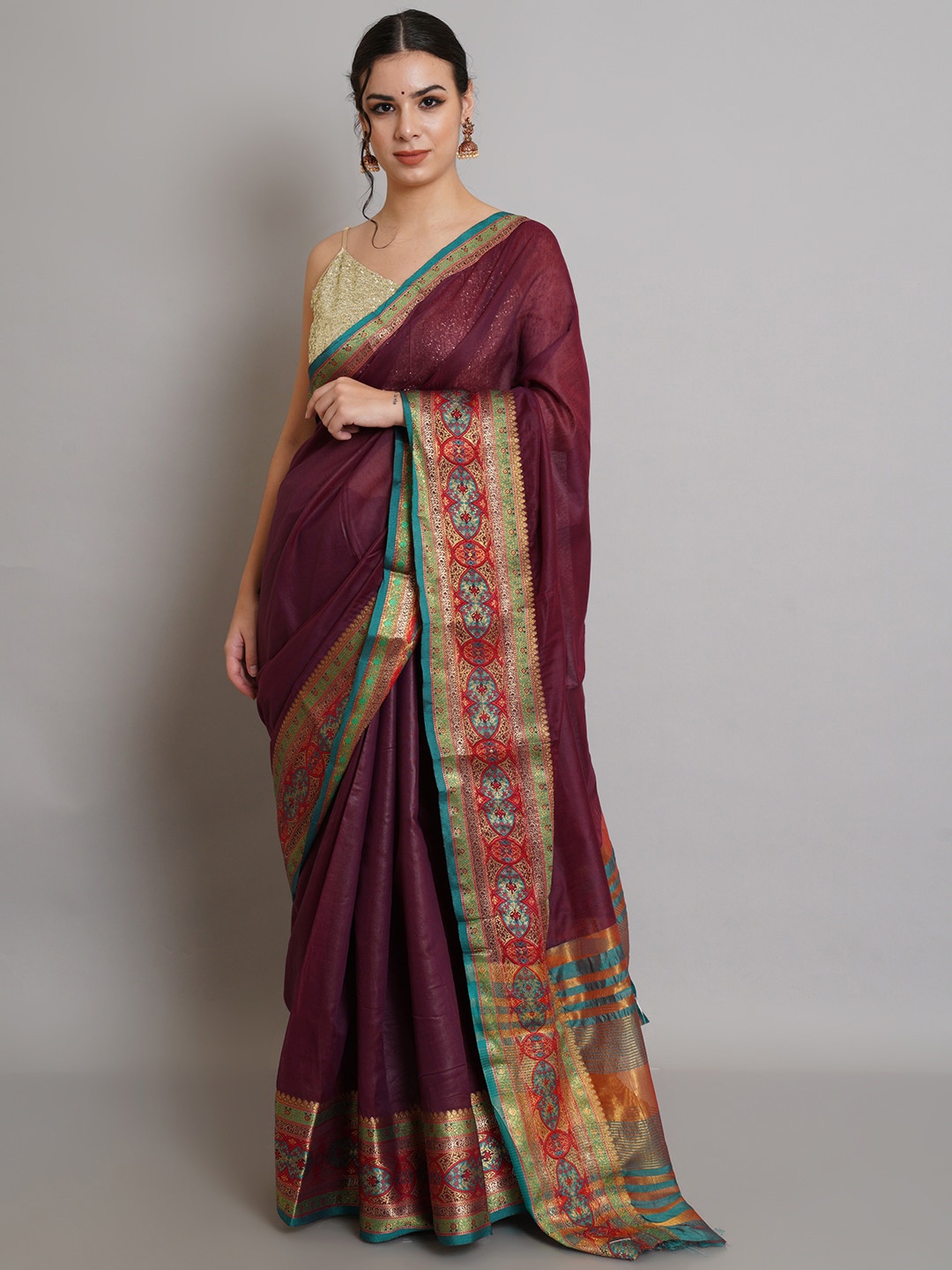 

Risirioutfit Maroon & Red Zari Silk Cotton Banarasi Saree