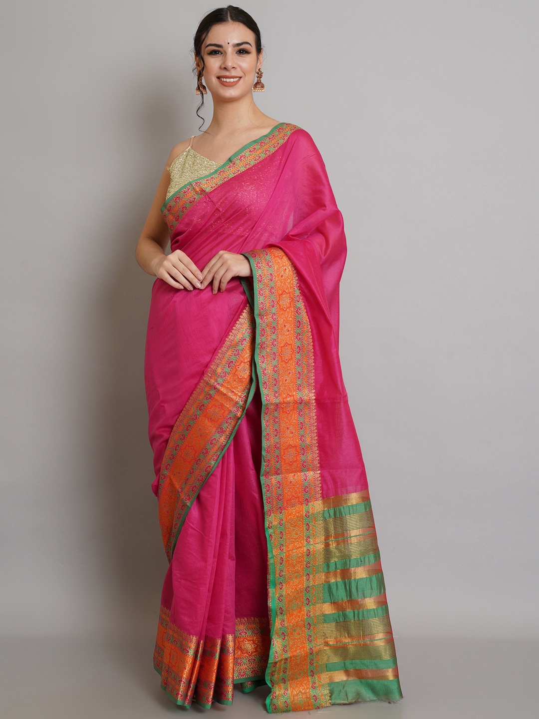

Risirioutfit Pink & Green Zari Silk Cotton Banarasi Saree