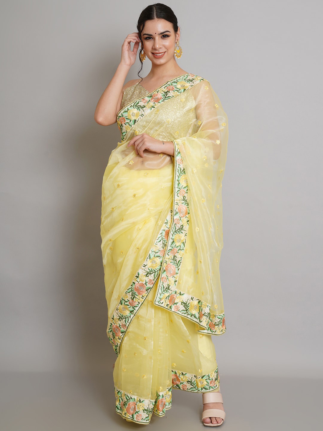 

Risirioutfit Yellow & Peach-Coloured Floral Embroidered Organza Saree