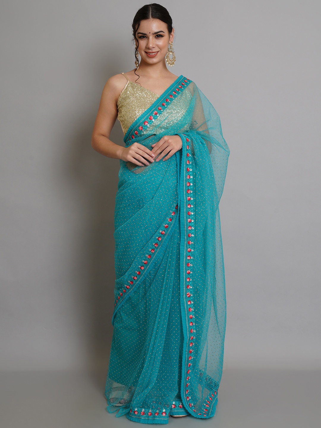 

Risirioutfit Turquoise Blue & Red Embellished Embroidered Net Saree