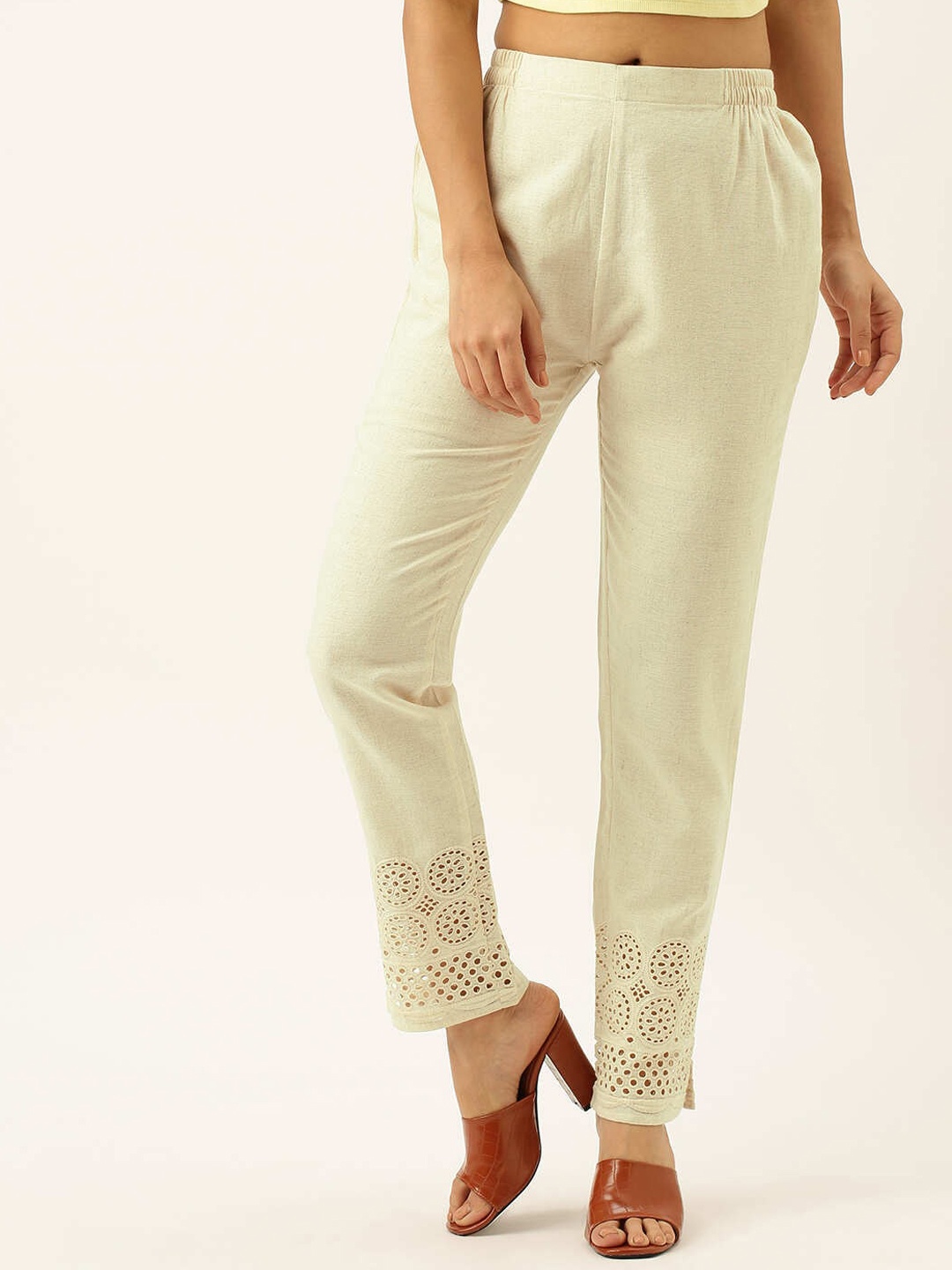 

ZOLA Women Cream-Coloured Elasticated Waistband Cotton Trousers