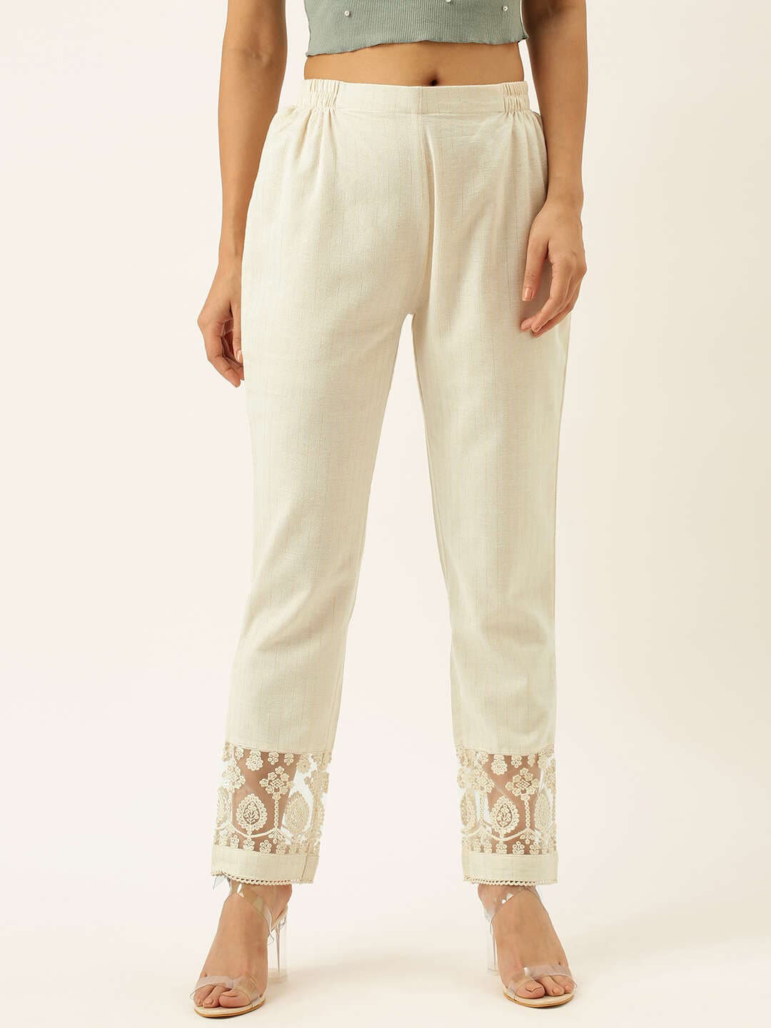 

ZOLA Women Cream-Coloured Pleated Cotton Trousers