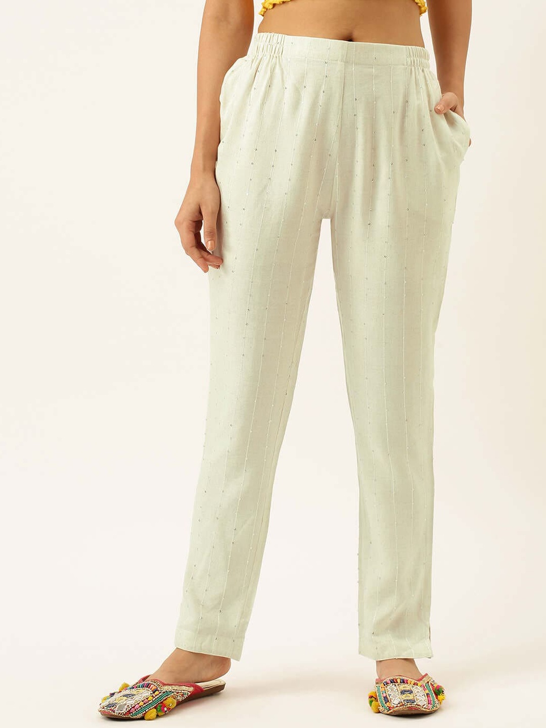 

ZOLA Women Cream-Coloured Striped Cotton Trousers