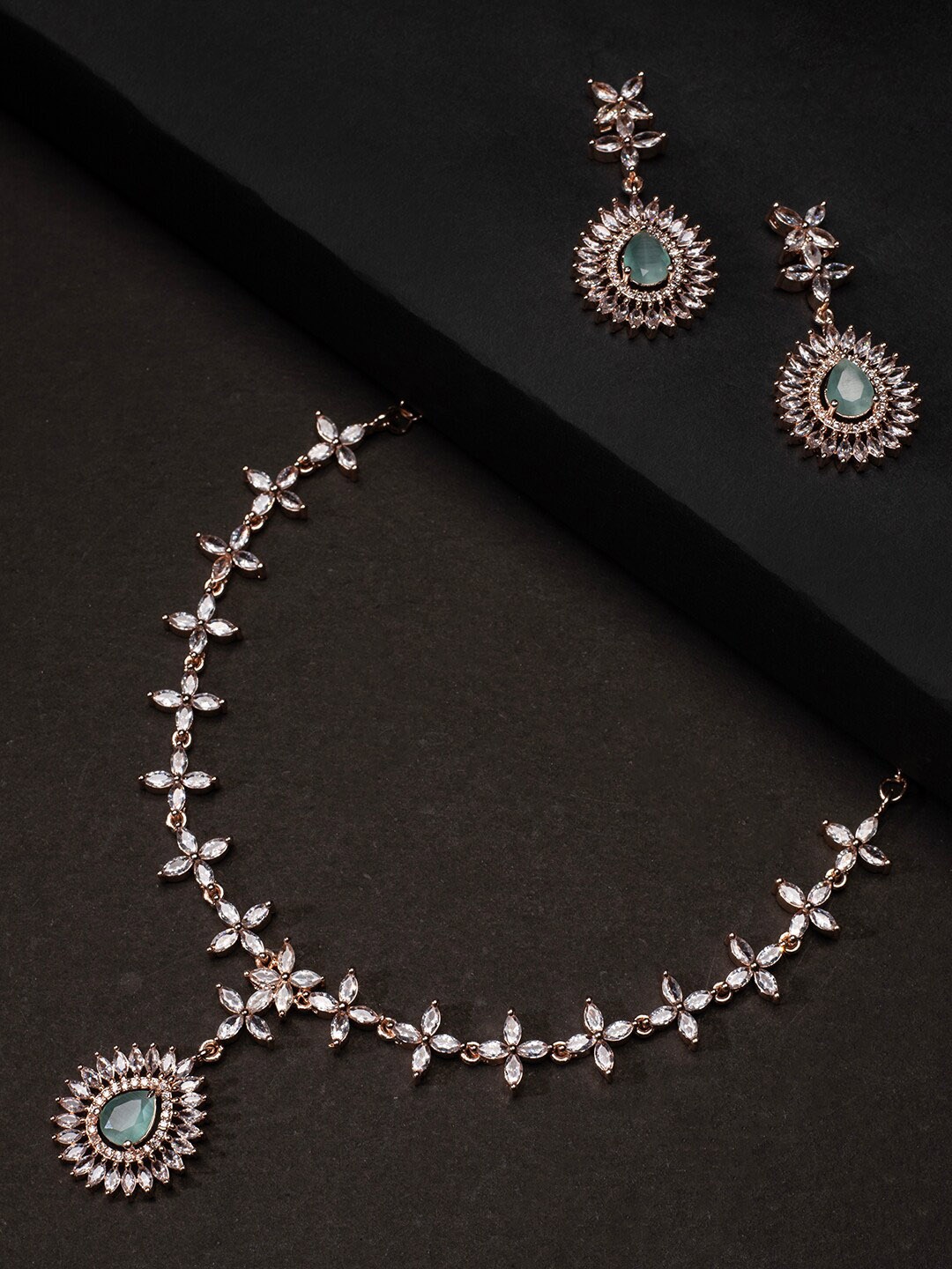 

justpeachy Rose Gold-Plated Sea Green American Diamond Stone-Studded Jewellery Set