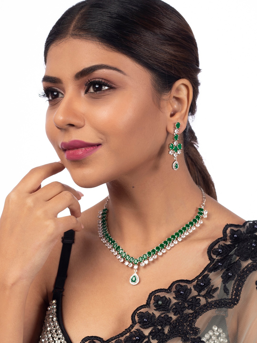 

justpeachy Rhodium-Plated Silver-Toned & Green AD-Studded Jewellery Set