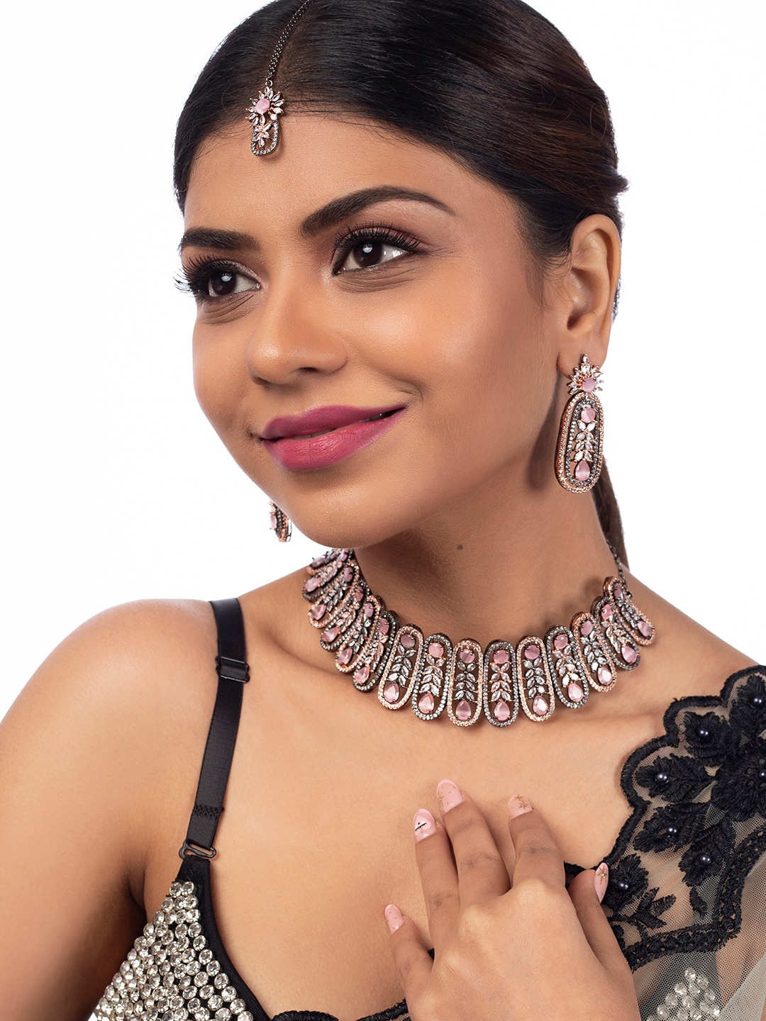 

justpeachy Rhodium-Plated Pink AD-Studded Jewellery Set