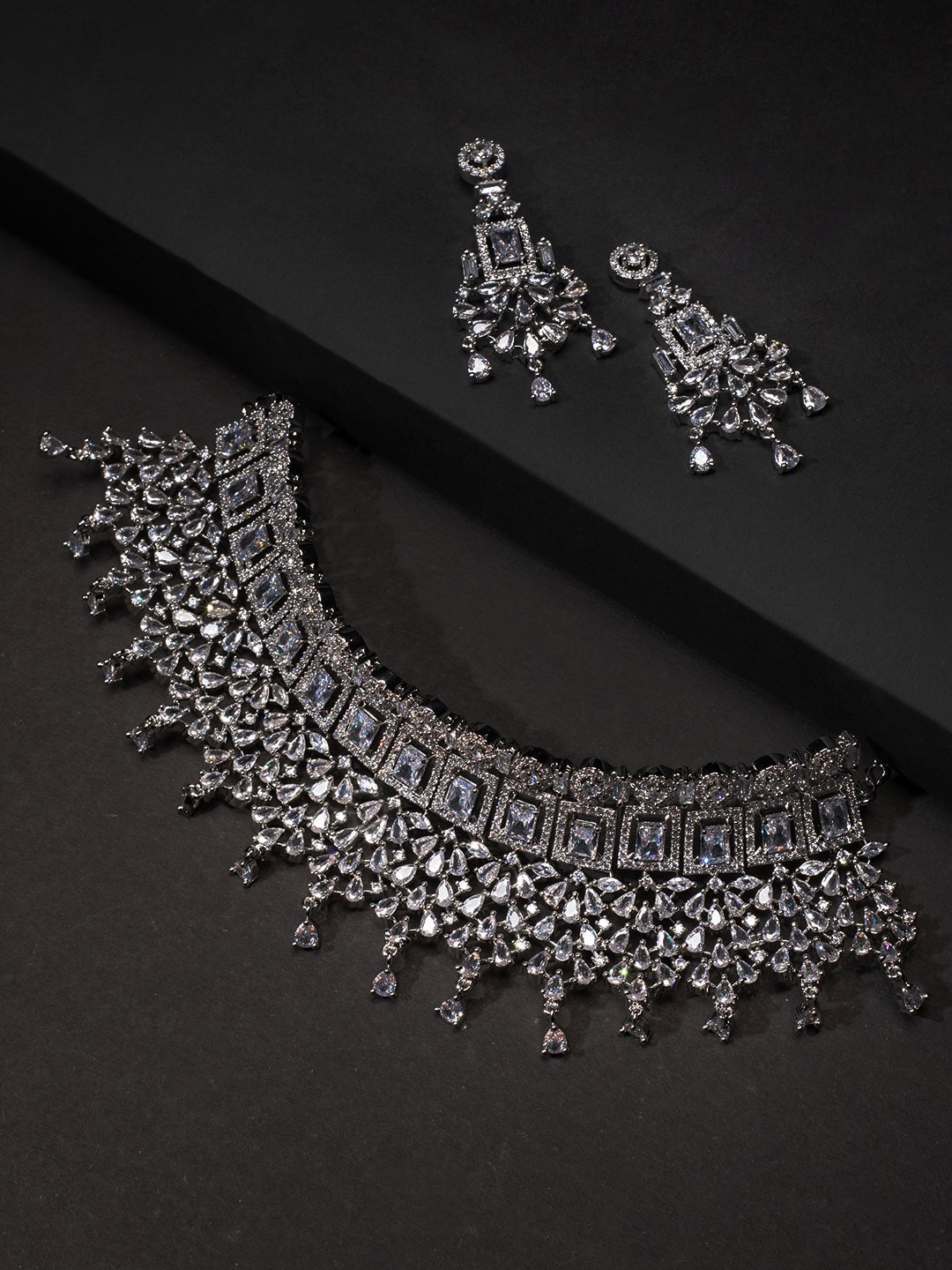 

justpeachy Rhodium-Plated Silver-Toned & White AD-Studded Jewellery Set