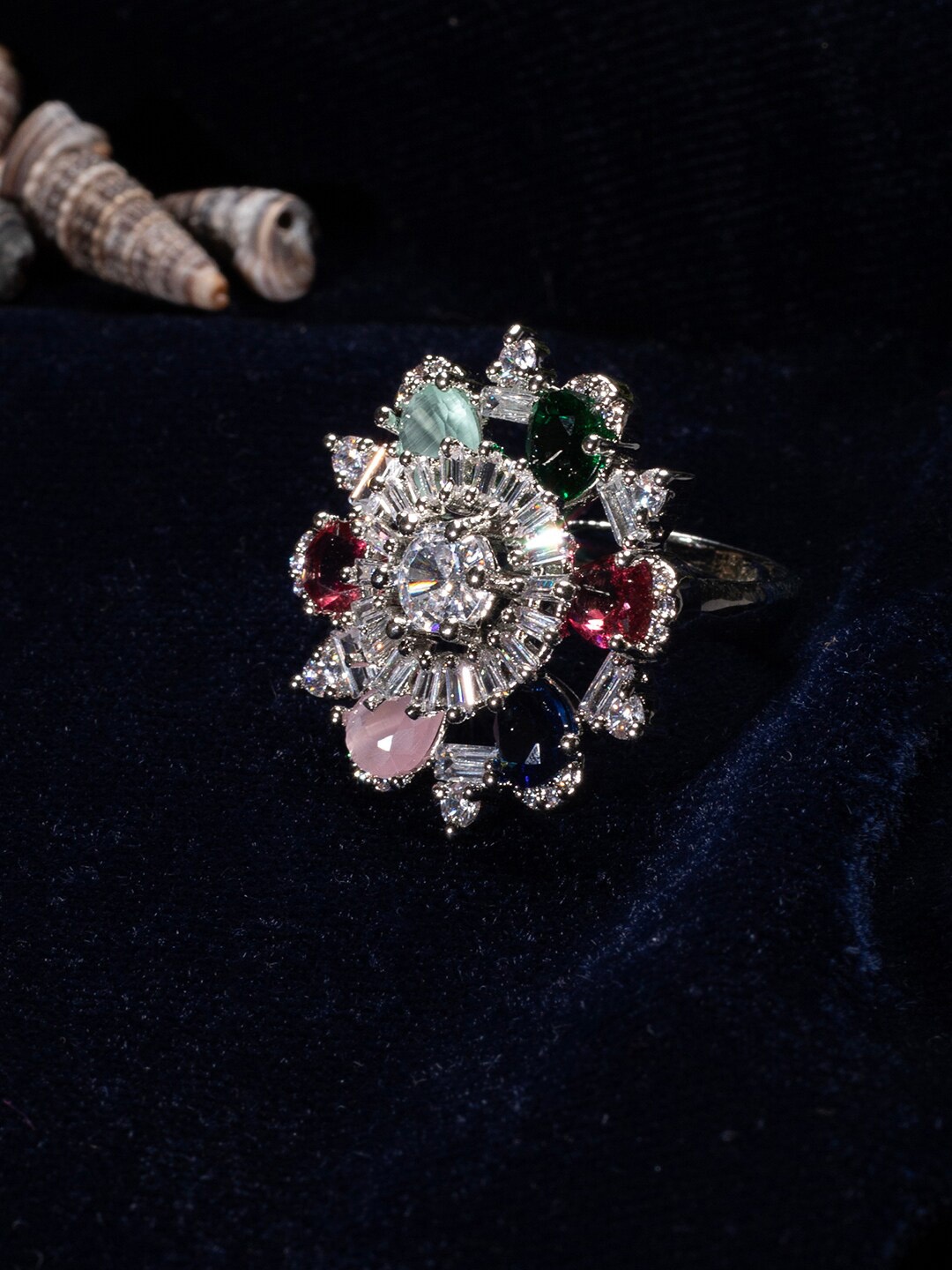 

justpeachy Rhodium-Plated Silver Toned American Diamond Meenakari Finger Ring