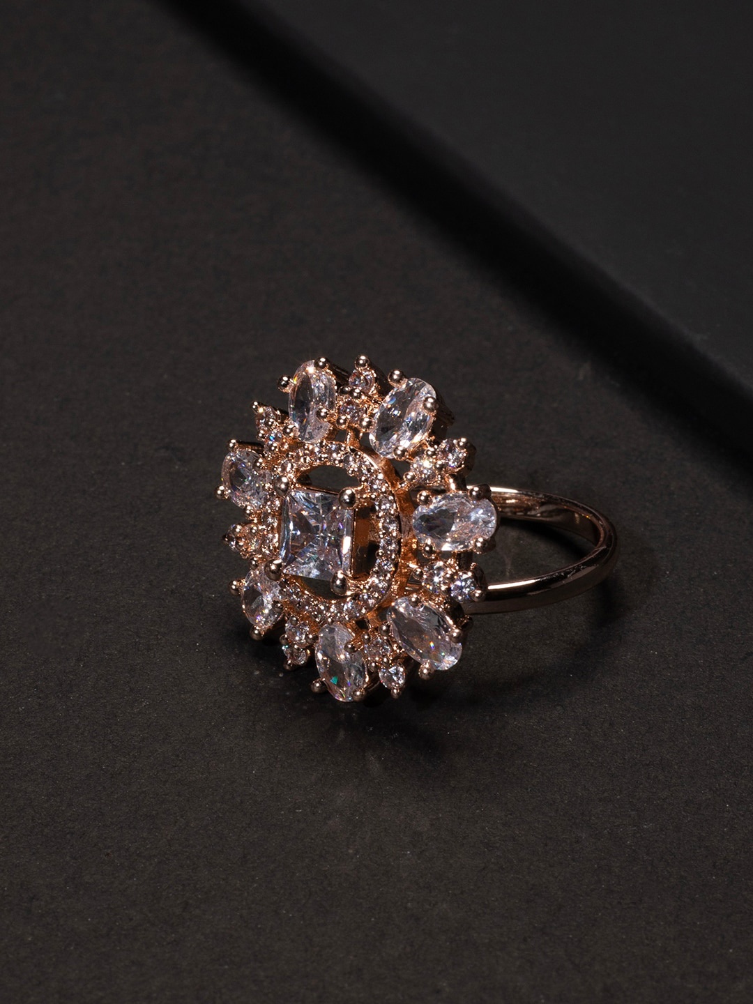 

justpeachy Women Rose Gold-Plated & White AD Stone-Studded Adjustable Finger Ring