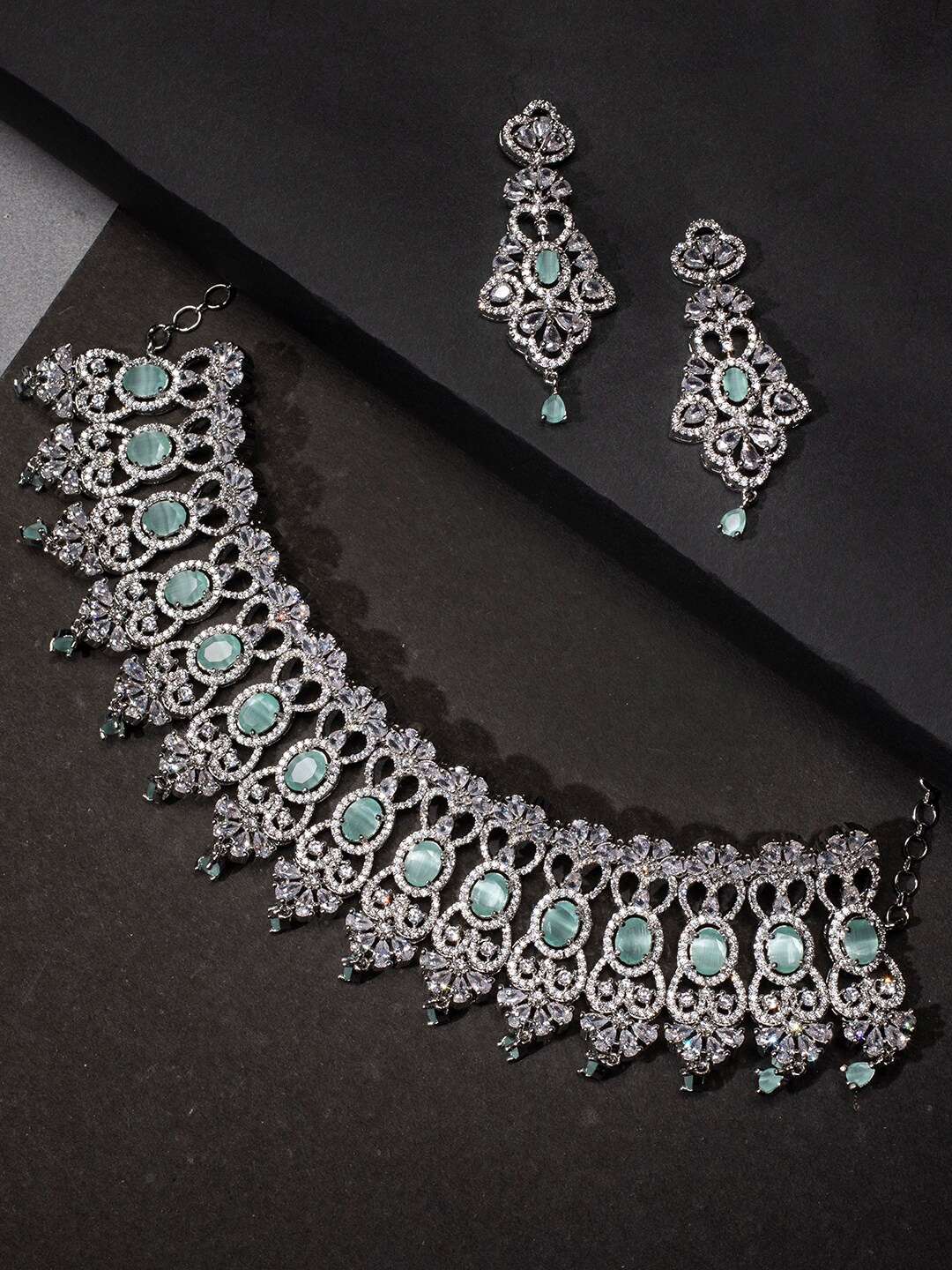 

justpeachy Rhodium-Plated Silver-Toned Sea Green & White AD-Studded Jewellery Set