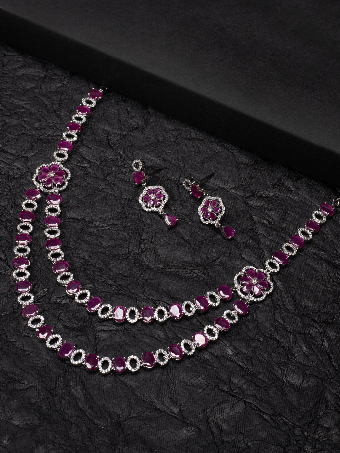 

justpeachy Rhodium-Plated Silver-Toned Pink AD-Studded Jewellery Set