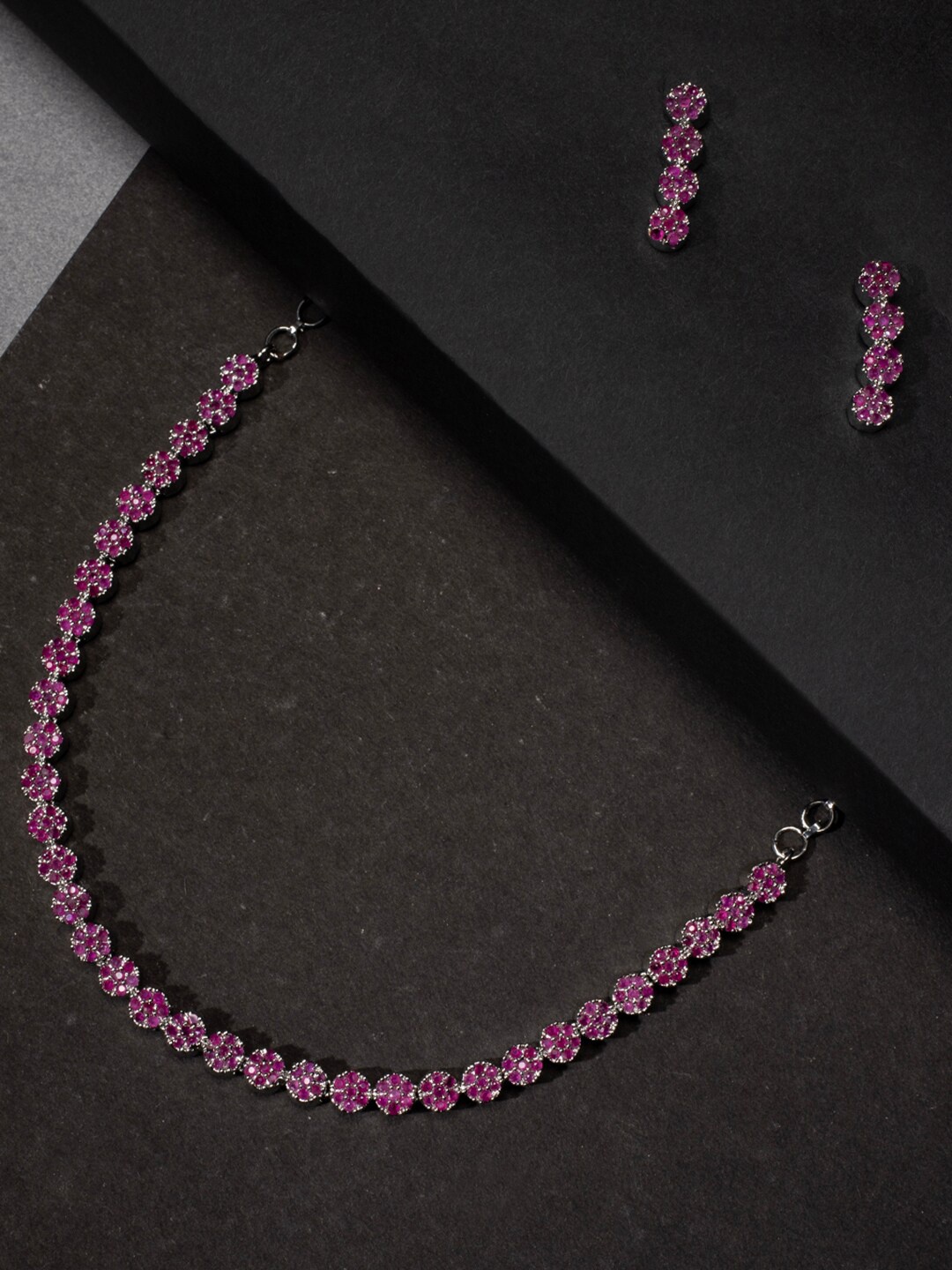 

justpeachy Rhodium-Plated Pink American Diamonds Studded Jewellery Set