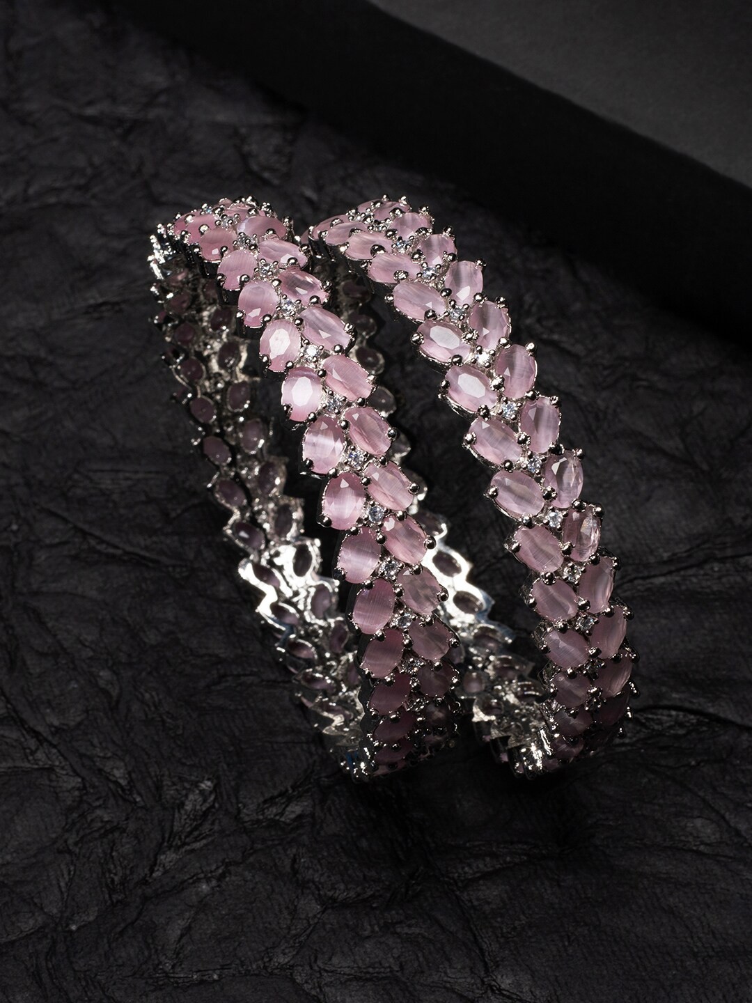 

justpeachy Pink Set Of 2 Rhodium-Plated AD Studded Bangle