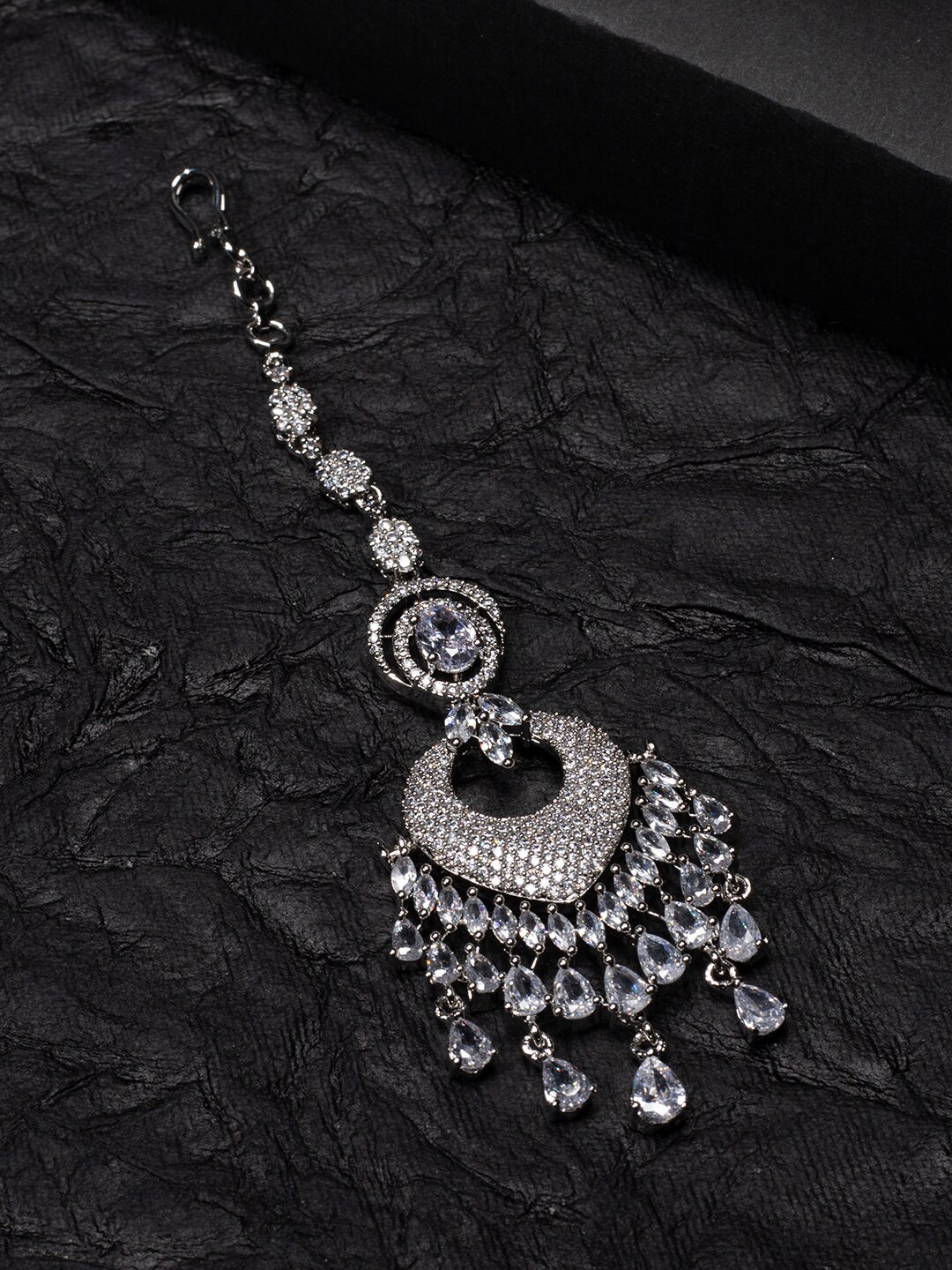 

justpeachy Rhodium-Plated Silver-Toned White AD Stone-Studded & Beaded Maang Tikka