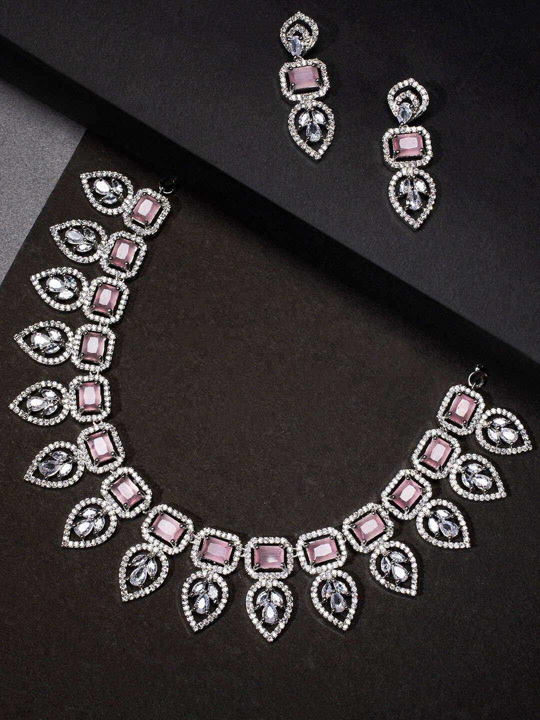 

justpeachy Rhodium-Plated Silver-Toned Pink & White AD-Studded Jewellery Set