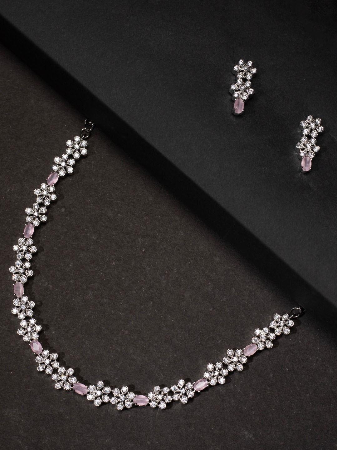 

justpeachy Rhodium Plated Pink & Silver American Diamond Studded Brass Jewellery Set