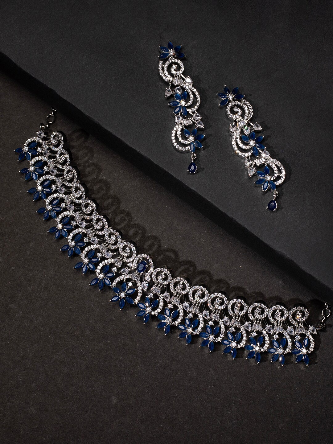 

justpeachy Silver-Toned Rhodium-Plated White & Blue AD Stone-Studded Jewellery Set