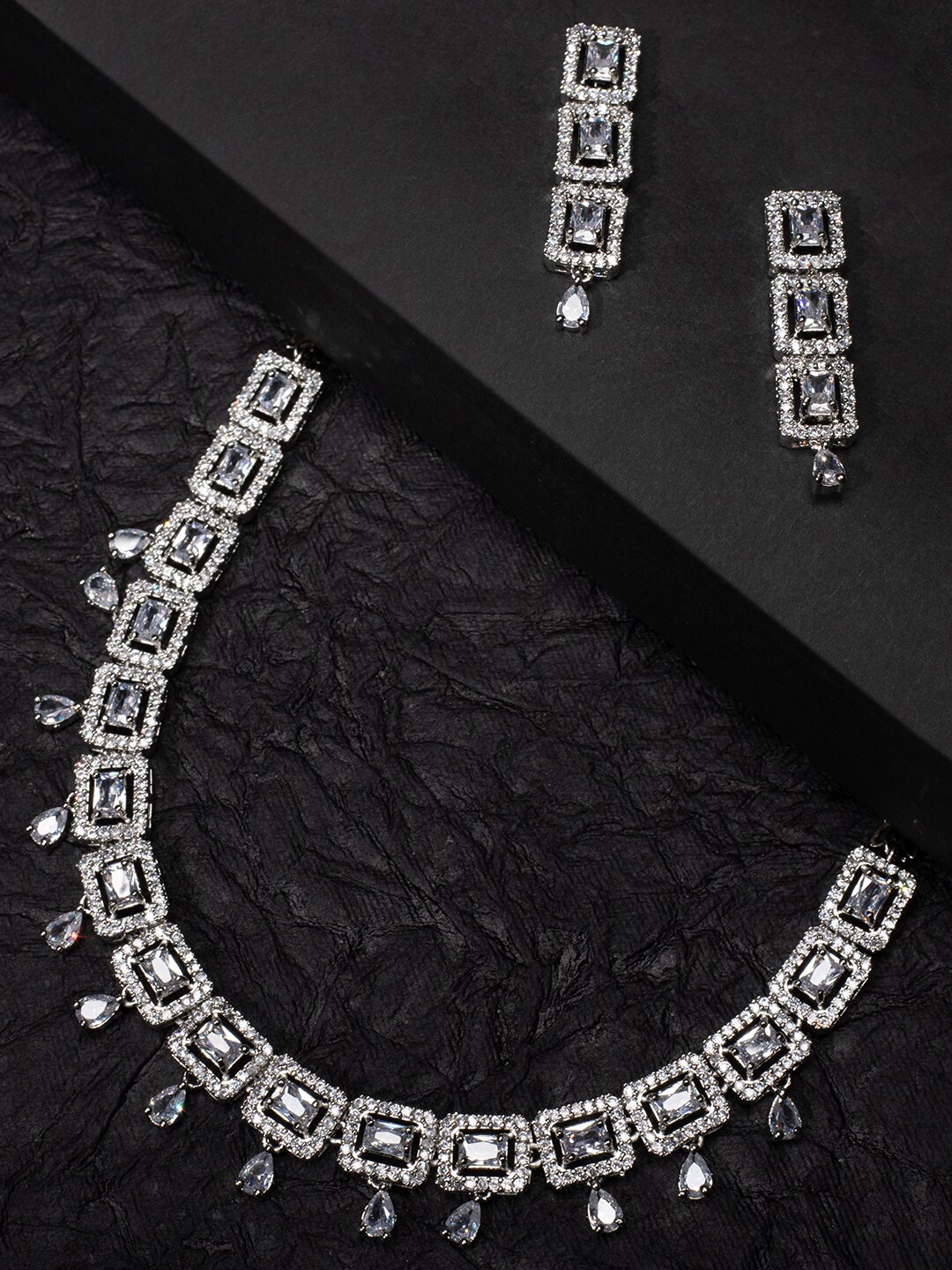 

justpeachy Rhodium-Plated Silver-Toned & White AD Studded Jewellery Set