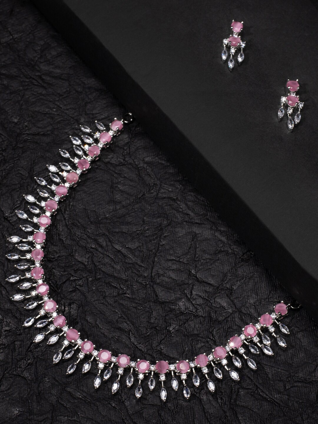 

justpeachy Rhodium-Plated Pink AD-Studded Jewellery Set
