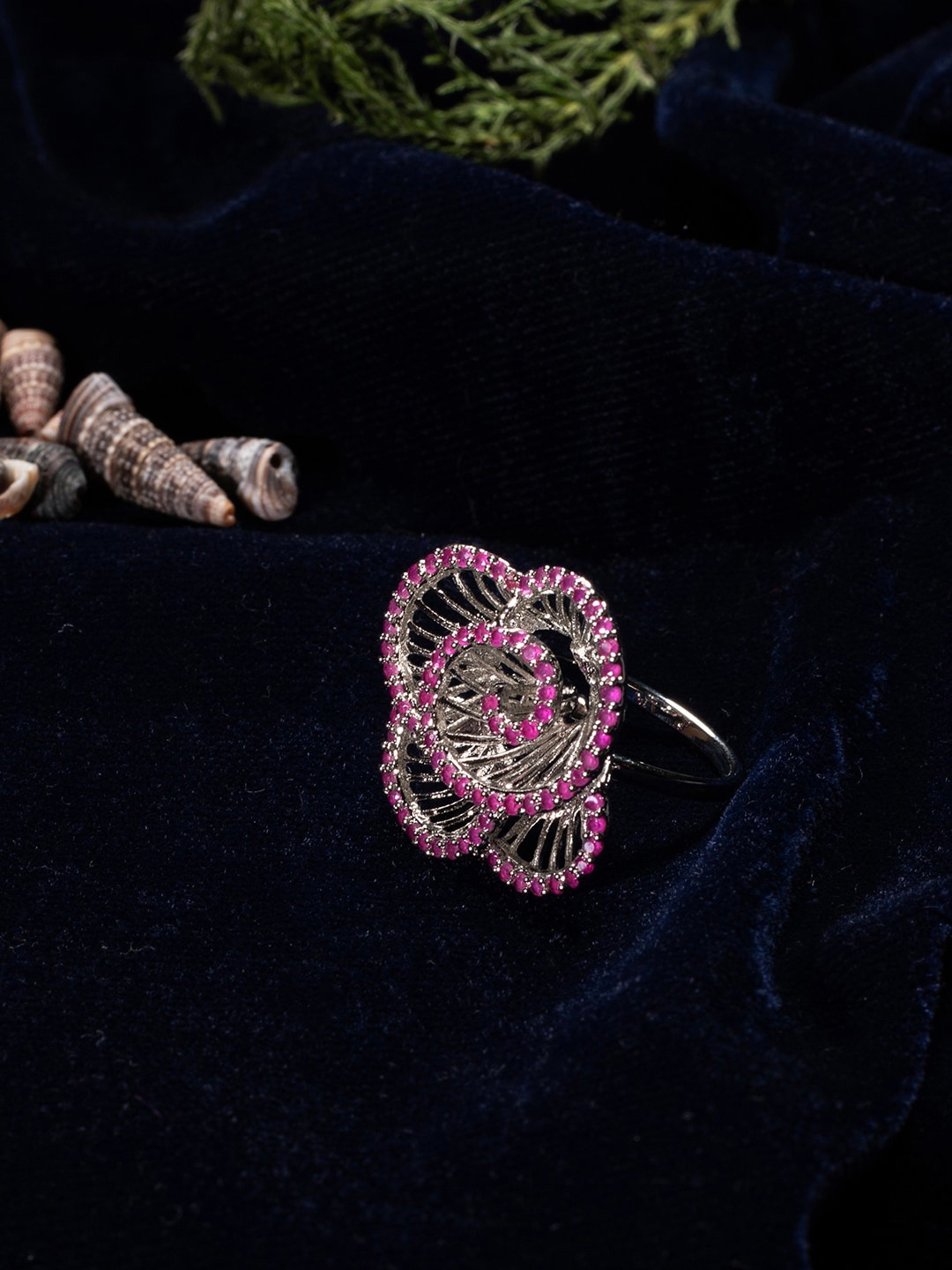 

justpeachy Rhodium-Plated Pink & Silver Toned American Diamond Meenakari Finger Ring