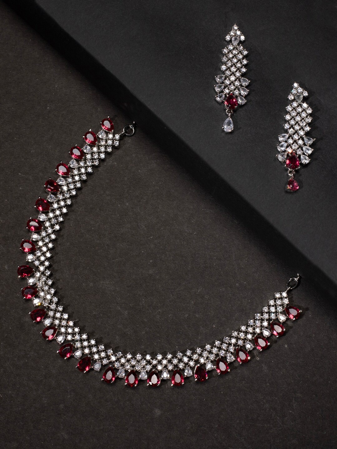 

justpeachy Rhodium-Plated White & Red American Diamonds Studded Jewellery Set