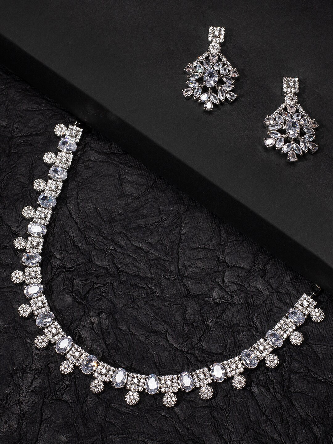 

justpeachy Rhodium-Plated Silver-Toned White AD-Studded Jewellery Set