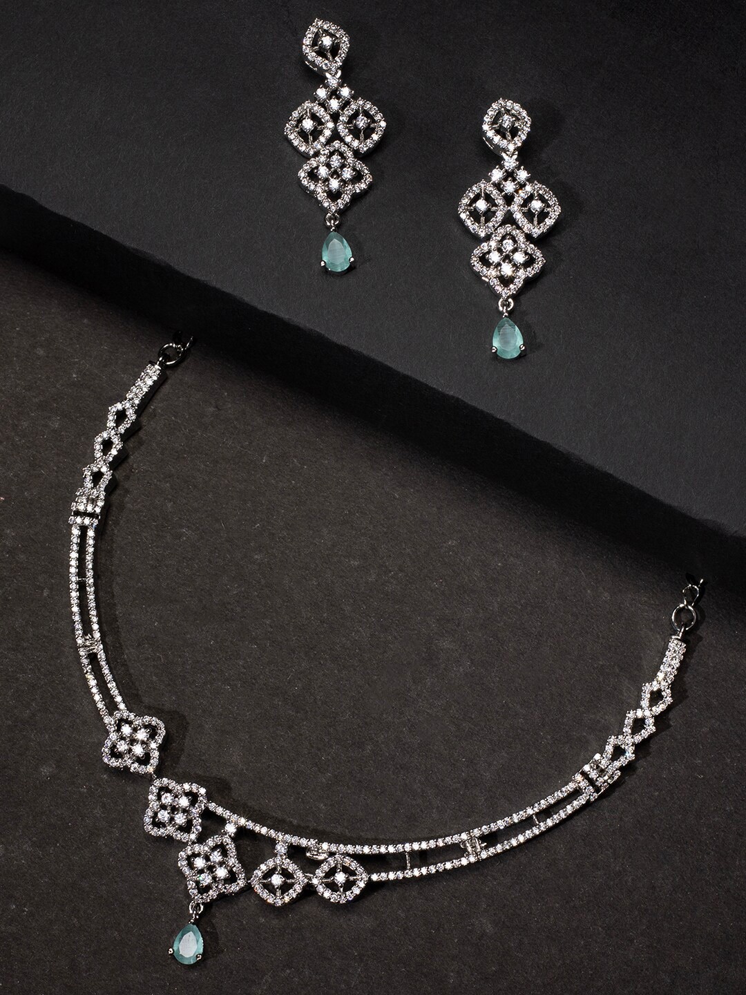 

justpeachy Silver-Toned Rhodium-Plated White & Mint-Green AD Stone-Studded Jewellery Set, Sea green