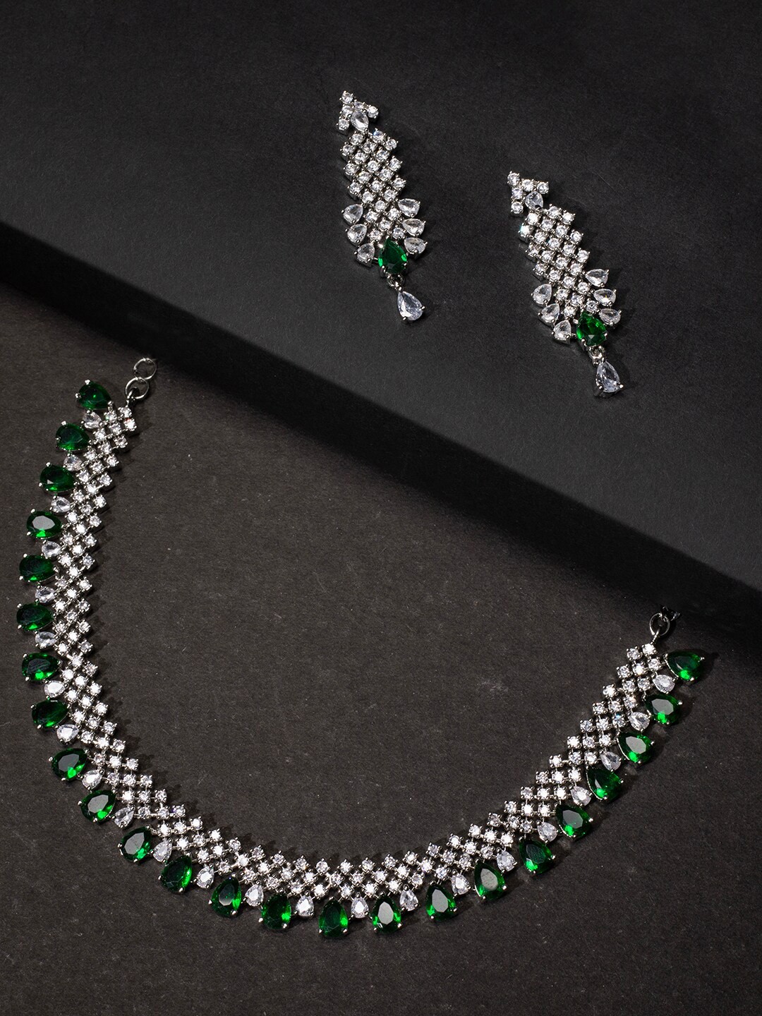 

justpeachy Rhodium-Plated Green American Diamond Stone-StuddedJewellery Set
