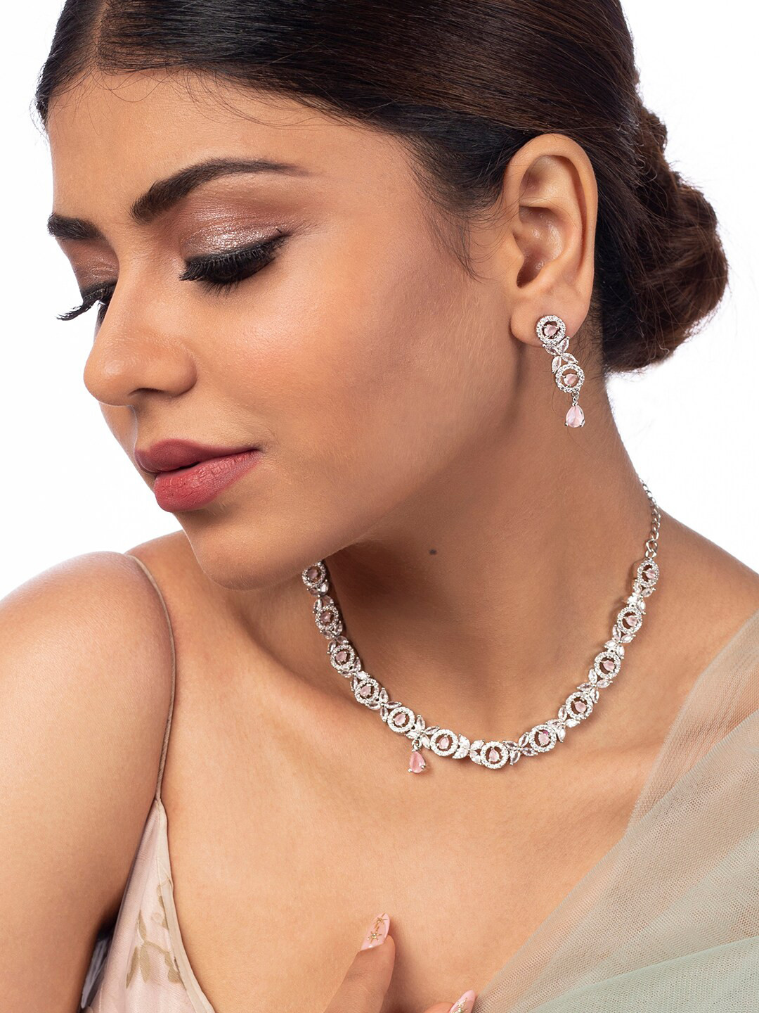 

justpeachy Rhodium-Plated Pink AD-Studded Jewellery Set