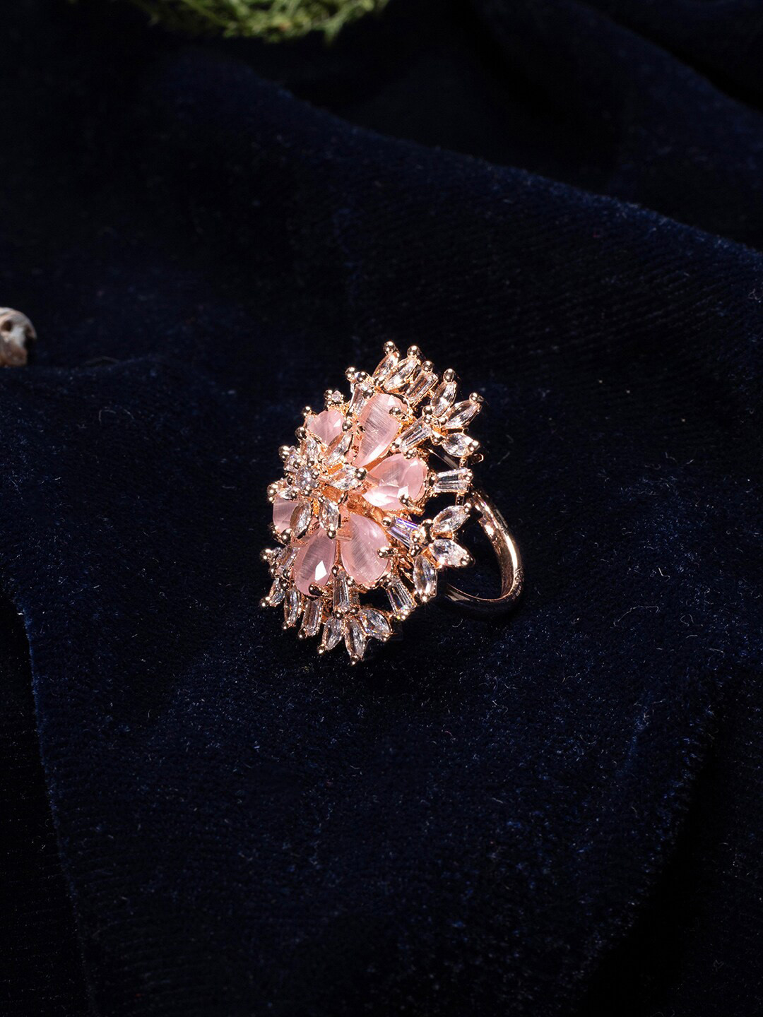 

justpeachy Rose Gold-Plated White & Pink AD Studded Adjustable Finger Ring
