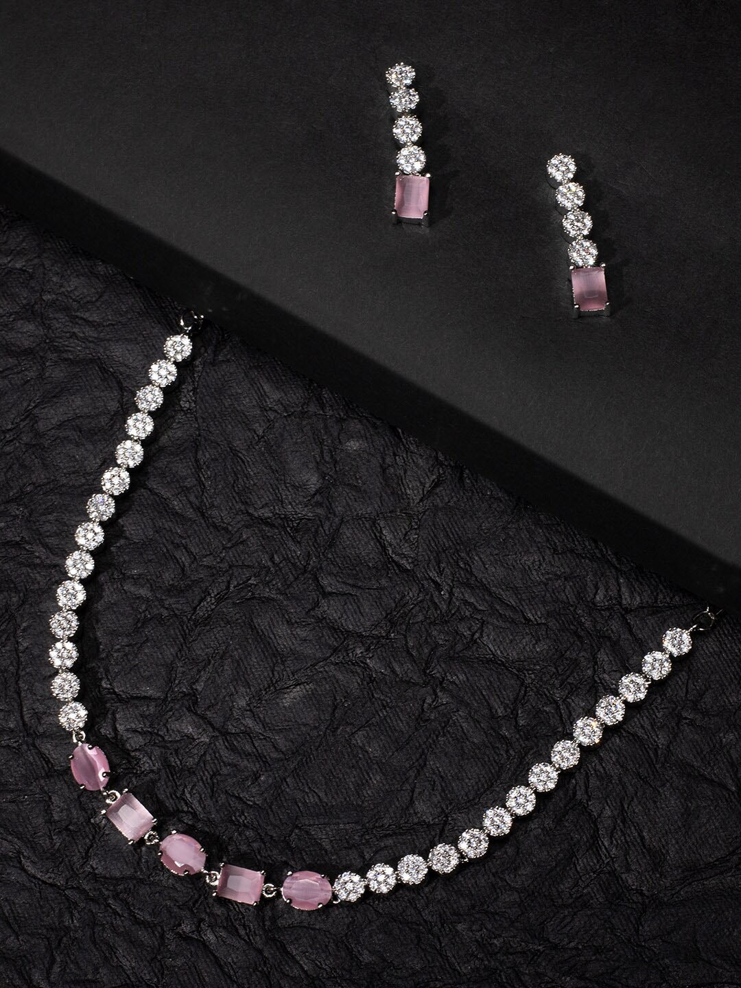 

justpeachy Rhodium-Plated Pink AD-Studded Jewellery Set
