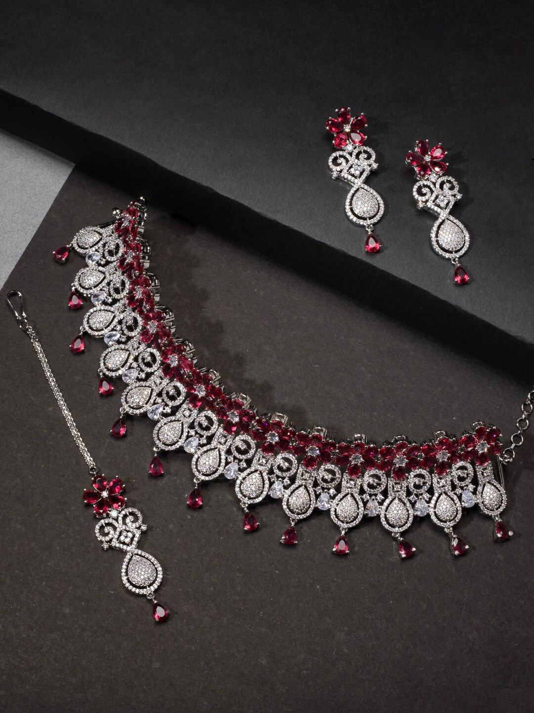 

justpeachy Hot-Pink & Silver-Toned Rhodium-Plated AD Studded Jewellery Set
