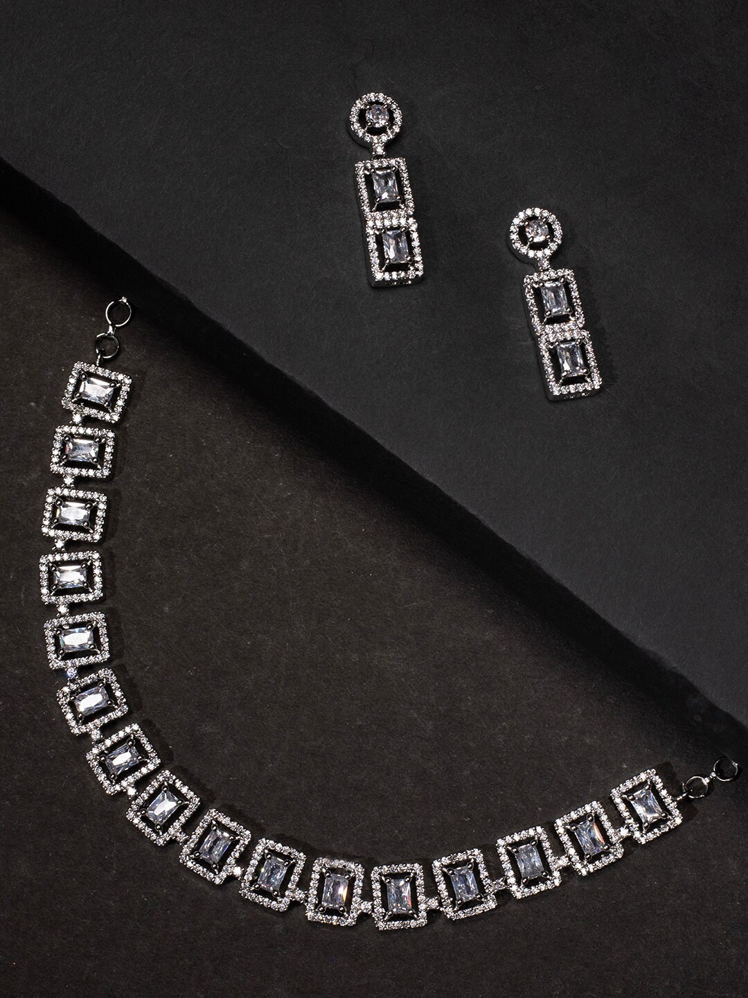 

justpeachy Rhodium-Plated Silver-Toned AD Studded Jewellery Set