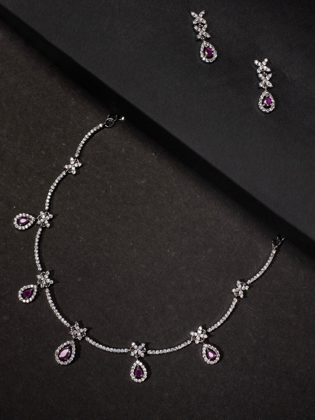 

justpeachy Rhodium-Plated Silver-Toned Pink AD-Studded Jewellery Set