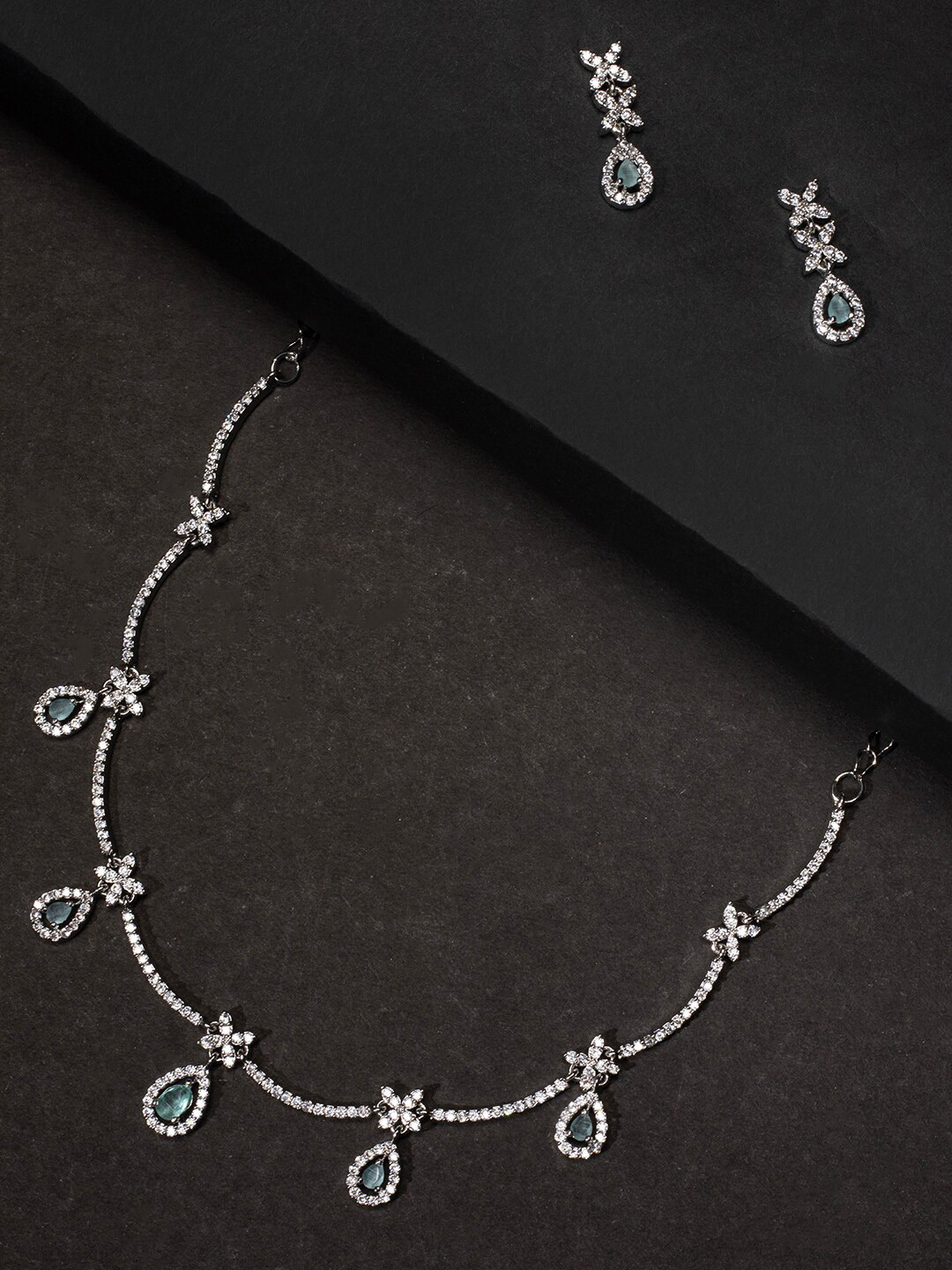 

justpeachy Rhodium-Plated Silver-Toned Sea Green & White AD Studded Jewellery Set
