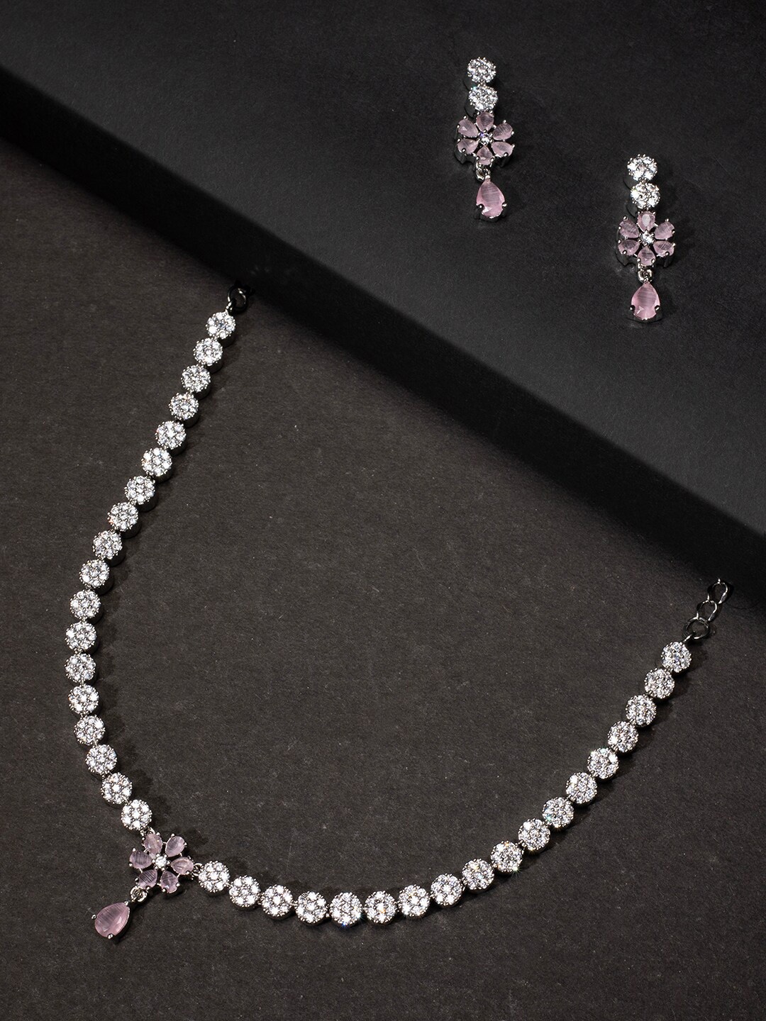 

justpeachy Rhodium-Plated Pink AD-Studded Jewellery Set