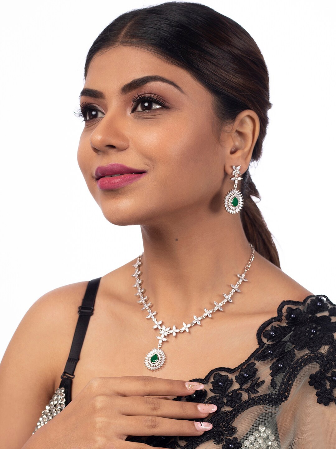 

justpeachy Silver-Toned Rhodium-Plated Green & White AD Studded Jewellery Set