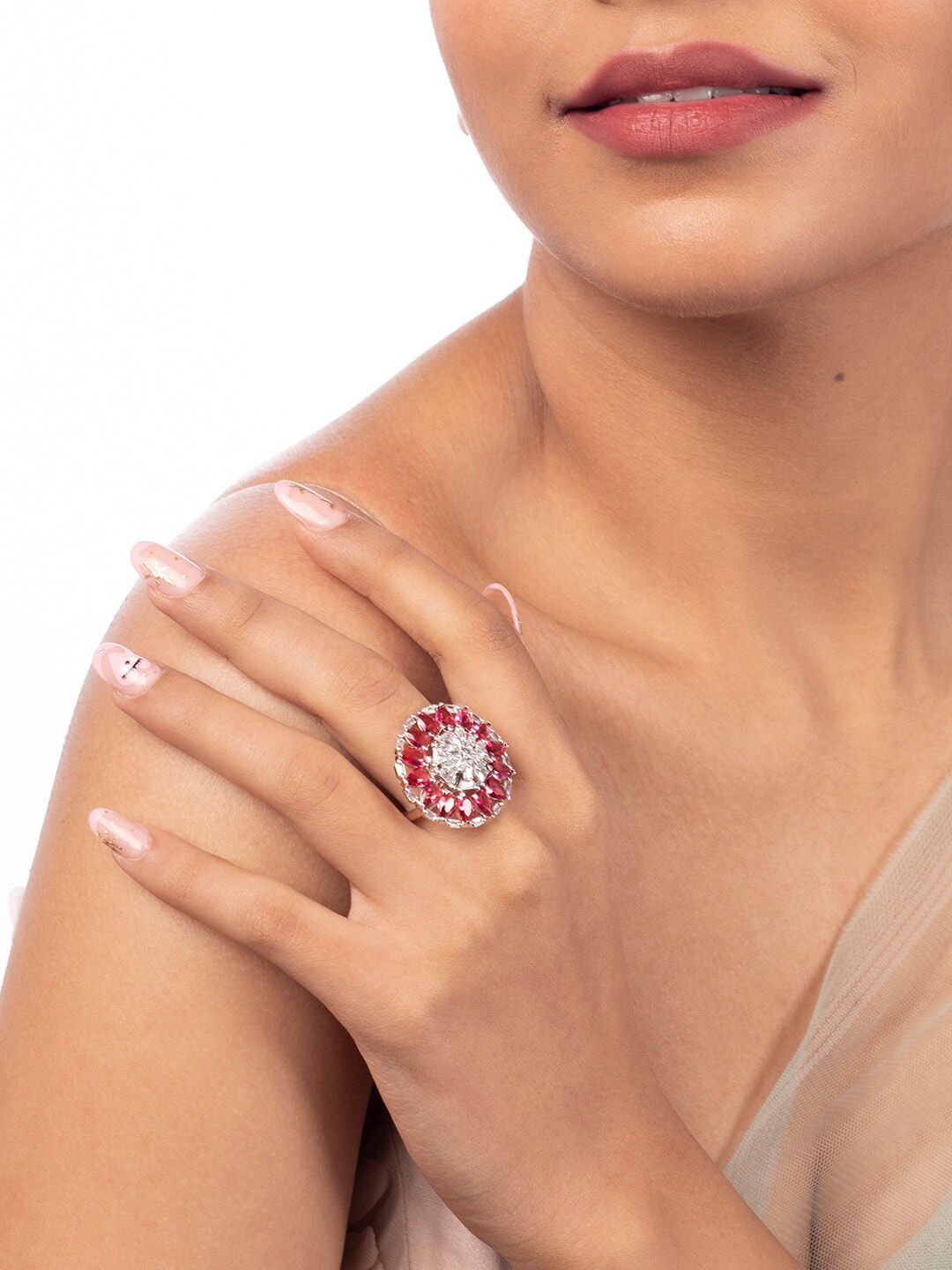 

justpeachy Women Rhodium Plated Pink & White American Diamond Studded Brass Ring