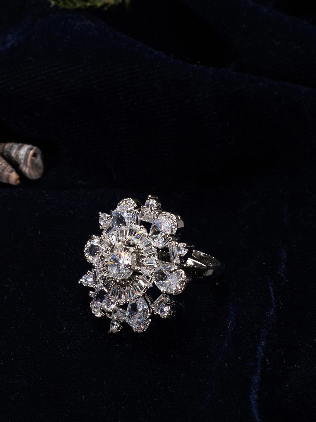 

justpeachy Rhodium-Plated Silver-Toned & White AD Studded Finger Ring